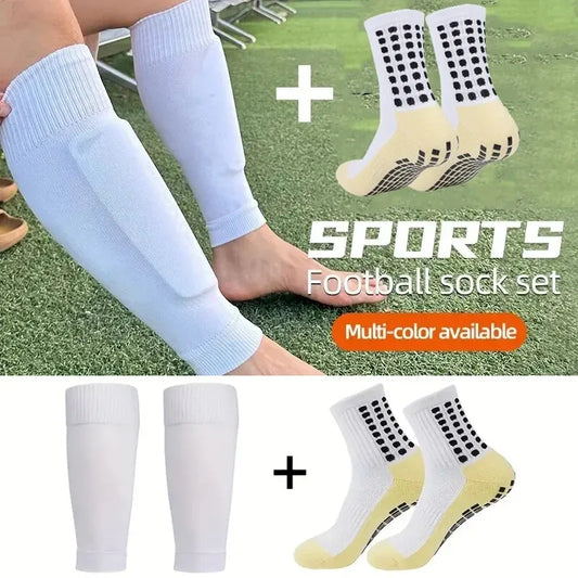 2 Pairs Set Grip Soccer Socks and Knee Pads Calf Sleeves